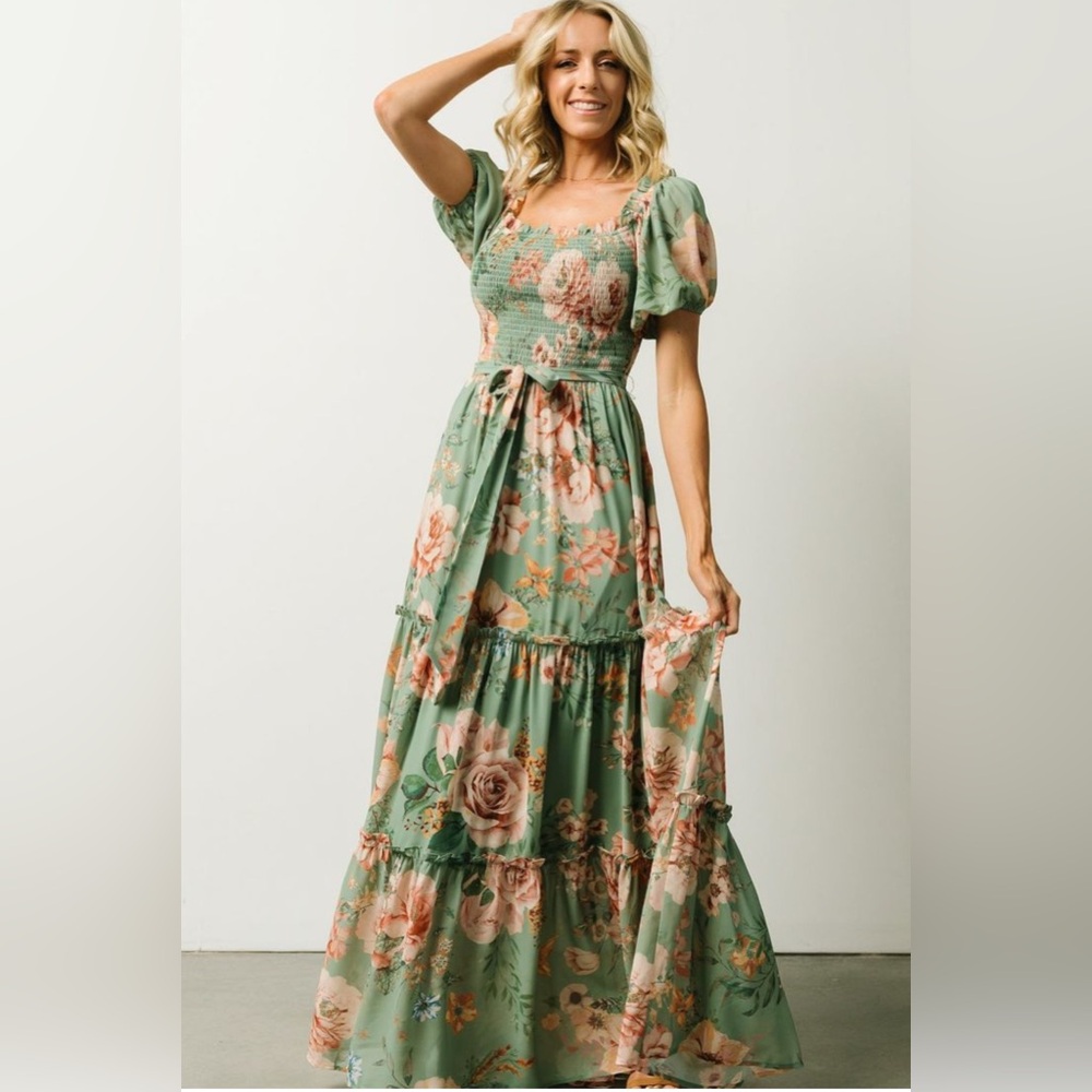 Baltic Born Britney Tiered Light Green Floral Maxi Dress